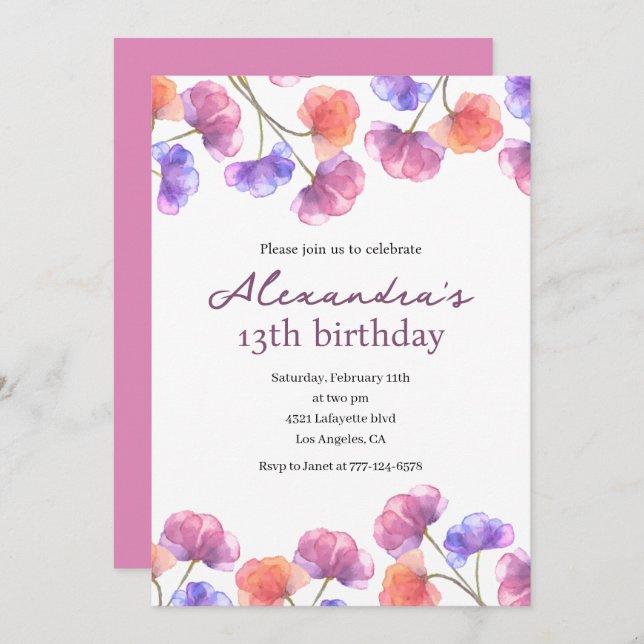 Elegant 13th birthday invitations Floral Chic (Front/Back)