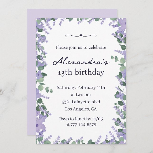 Elegant 13th birthday invitations Floral Frame (Front/Back)
