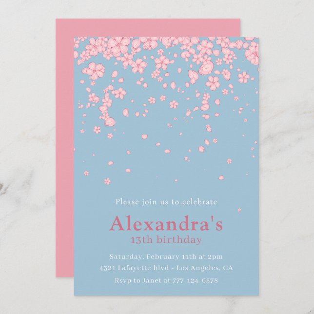 Elegant 13th birthday invitations Floral Pink (Front/Back)