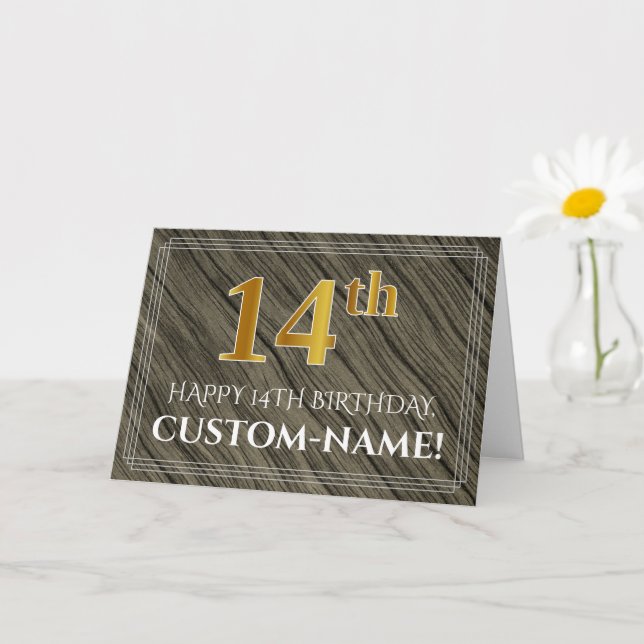 Elegant 14th Birthday: Faux Wood, Faux Gold Look Card (Small Plant)