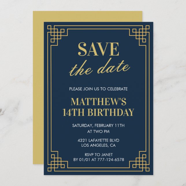 Elegant 14th birthday invitation Boy Save the date (Front/Back)