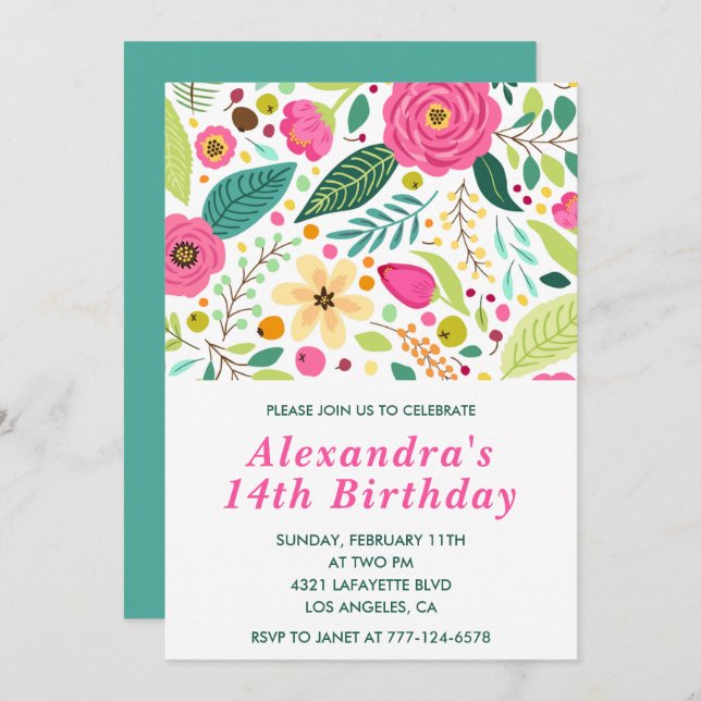 Elegant 14th birthday invitations Floral Colourful (Front/Back)