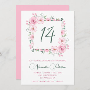 Elegant 14th birthday invitations Floral  Pink