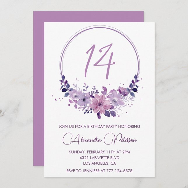 Elegant 14th birthday invitations Floral Purple (Front/Back)