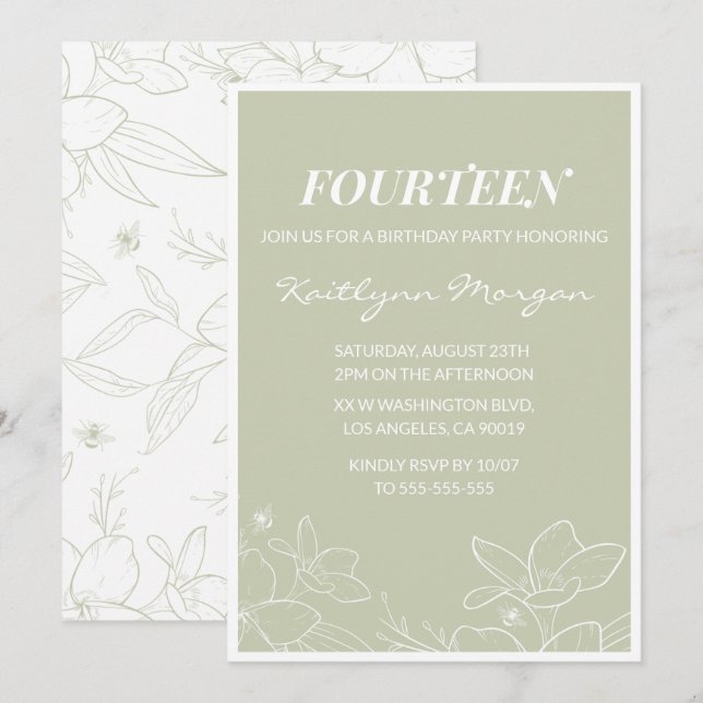 Elegant 14th birthday invitations Modern Floral  (Front/Back)
