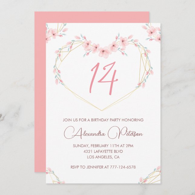 Elegant 14th birthday invitations Pink Floral  (Front/Back)