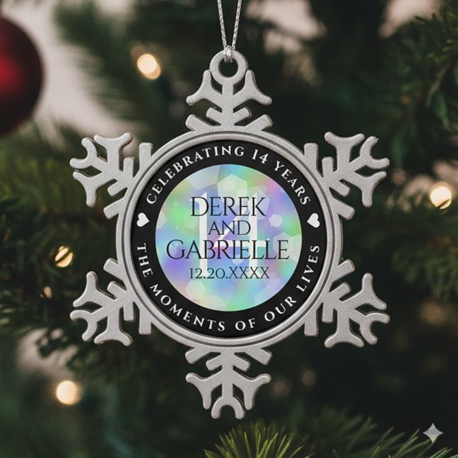 Elegant 14th Opal Wedding Anniversary Celebration Snowflake Pewter Christmas Ornament (14th Opal Wedding Anniversary Snowflake Pewter Ornament Cover Photo)