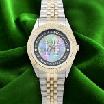 Elegant 14th Opal Wedding Anniversary Celebration Watch<br><div class="desc">Celebrate the 14th opal wedding anniversary with this commemorative watch! Elegant lettering with hexagonal confetti on an iridescent opal background add a memorable touch for this special occasion and milestone. Customise with couple's names,  dates of marriage,  and congratulatory messages.

Design © W.H. Sim. See more at zazzle.com/expressionsoccasions</div>