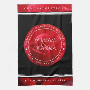 Elegant 15th 26th 36th Rose Wedding Anniversary Tea Towel