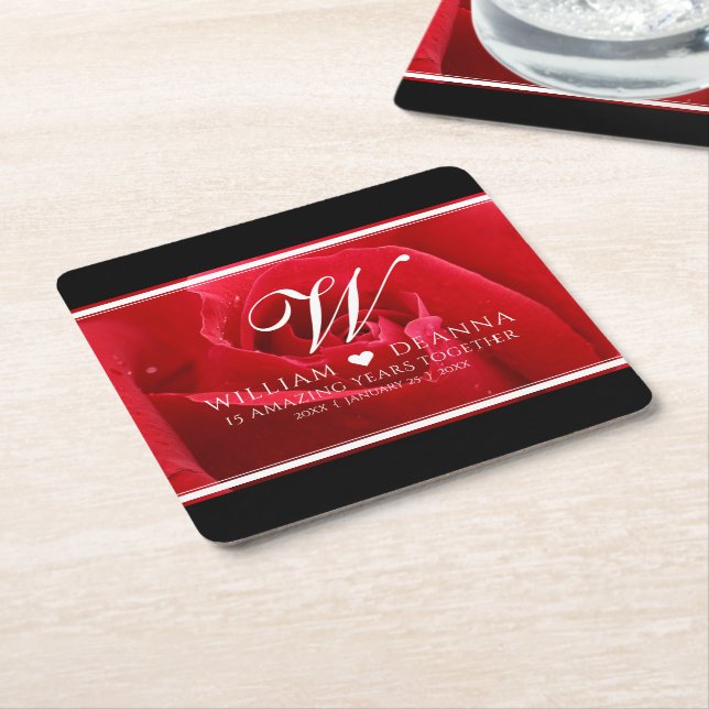 Elegant 15th 26th Rose Wedding Anniversary Square Paper Coaster (Angled)