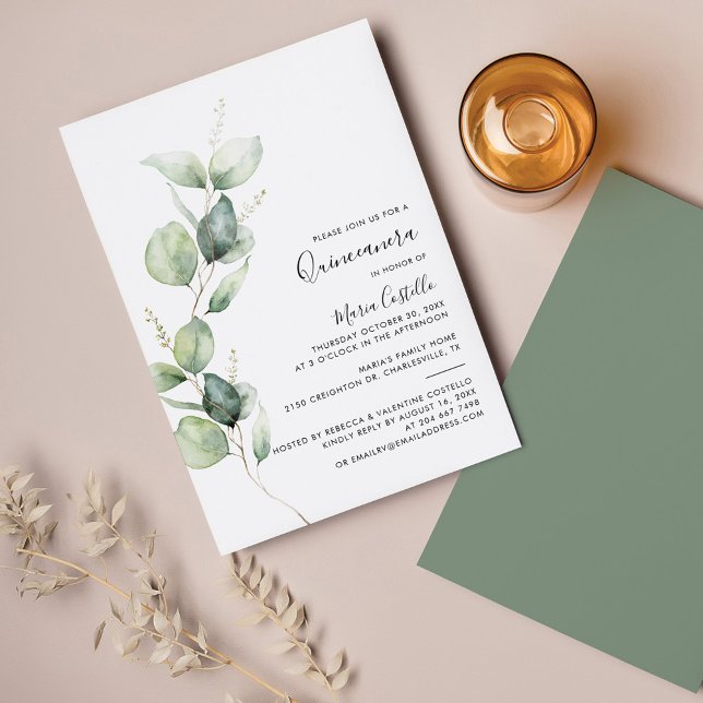 Elegant 15th Birthday Eucalyptus Quinceanera Invitation (Quinceanera Greenery Watercolor 15th Birthday Party Invitation)