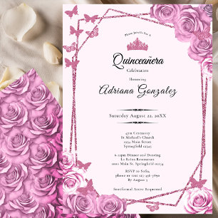 Elegant 15th birthday pink roses Quinceanera Invitation