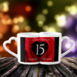 Elegant 15th Rose Wedding Anniversary Celebration Coffee Mug Set<br><div class="desc">Nothing says "you complete me" or "your better/other half" like these 15th rose wedding anniversary lovers' mugs. Elegant lettering on a red romantic rose background add a memorable touch for this special occasion and milestone. Customize with couple's names, and years of marriage or a congratulatory message. Reverse shows identical design....</div>