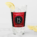Elegant 15th Rose Wedding Anniversary Celebration Glass<br><div class="desc">Toast the 15th rose wedding anniversary with this commemorative pint glass! Elegant white lettering on romantic red rose and black backgrounds add a memorable touch for this special occasion and milestone. Personalise with couple's names and dates of marriage. Reverse shows identical design. Design © W.H. Sim, All Rights Reserved. See...</div>