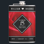 Elegant 15th Rose Wedding Anniversary Celebration Hip Flask<br><div class="desc">Celebrate the 15th rose wedding anniversary with this commemorative hip flask! Elegant serif and sans serif lettering on a romantic red rose background add a memorable touch for this special occasion and milestone. Customise with the happy couple's names, and years of marriage. Note: this design is optimised for the 8...</div>