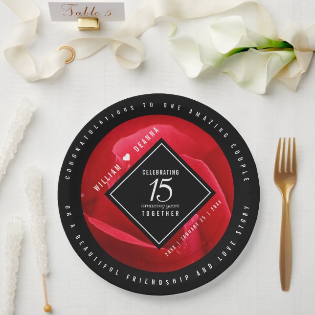 Elegant 15th Rose Wedding Anniversary Celebration Paper Plate (Wedding)