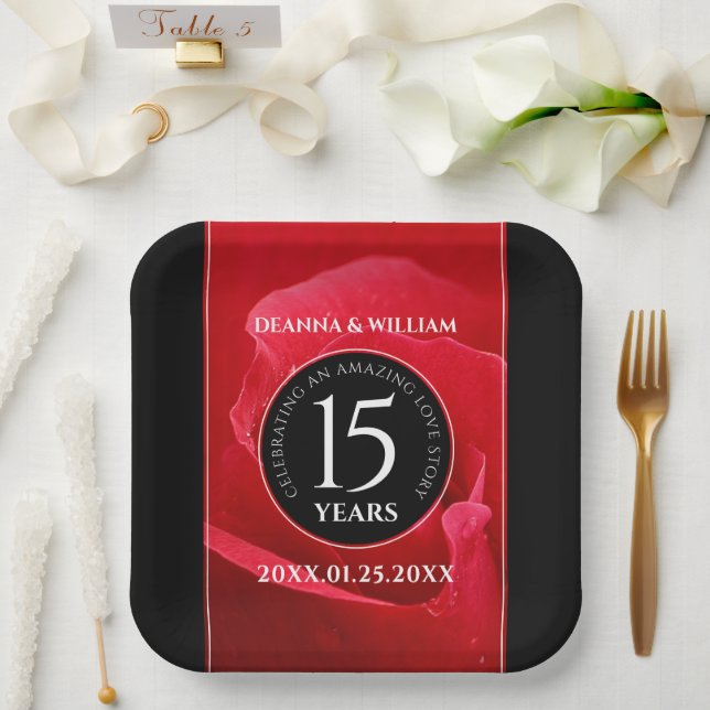 Elegant 15th Rose Wedding Anniversary Celebration Paper Plate (Wedding)