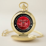 Elegant 15th Rose Wedding Anniversary Celebration Pocket Watch<br><div class="desc">Celebrate their 15th rose wedding anniversary with this stylish commemorative pocket watch! Elegant white lettering on a romantic red rose background add a memorable touch for this special occasion and milestone. Customise with couple's names, anniversary date, and up to 2 lines of messaging. Design © W.H. Sim. See more at...</div>