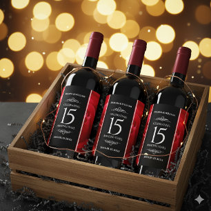 Elegant 15th Rose Wedding Anniversary Celebration Wine Label