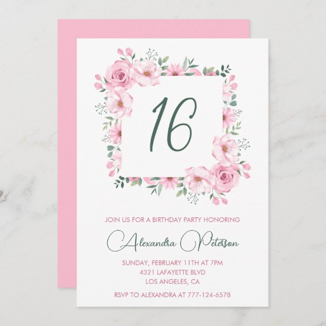 Elegant 16th birthday invitations Floral  Pink (Front/Back)