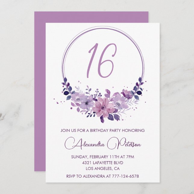 Elegant 16th birthday invitations Floral Purple (Front/Back)