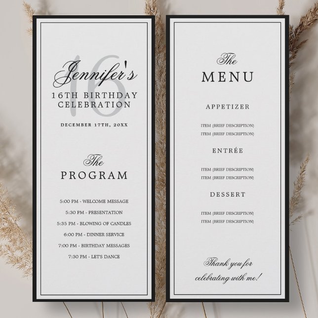 Elegant 16th Birthday Party Program + Menu  Invitation (Elegant 16th Birthday Party Program + Menu )