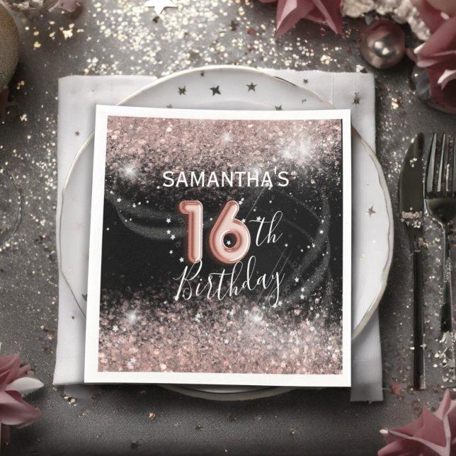 Elegant 16th Birthday Pink Glitter & Black Party Napkin (Creator Uploaded)