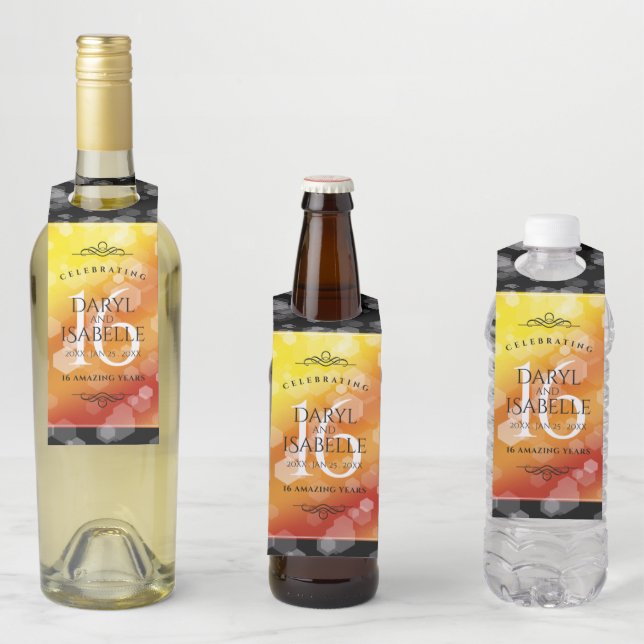 Elegant 16th Golden Topaz Wedding Anniversary Bottle Tag (In Situ)