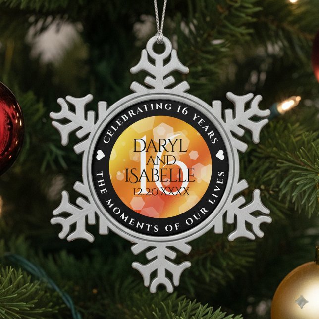 Elegant 16th Golden Topaz Wedding Anniversary Snowflake Pewter Christmas Ornament (16th Golden Topaz Wedding Anniversary Snowflake Pewter Ornament Cover Photo)