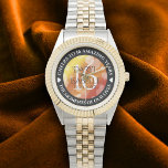 Elegant 16th Golden Topaz Wedding Anniversary Watch<br><div class="desc">Celebrate the 16th golden topaz wedding anniversary with this commemorative watch! Elegant lettering with hexagonal confetti on a golden red background add a memorable touch for this special occasion and milestone. Customise with couple's names,  dates of marriage,  and congratulatory messages.

Design © W.H. Sim. See more at zazzle.com/expressionsoccasions</div>