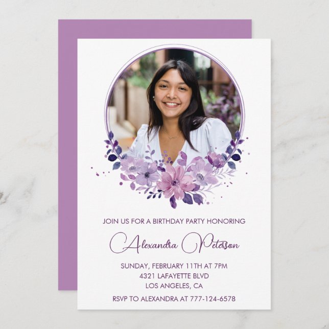 Elegant 17th birthday invitation Photo Floral Boho (Front/Back)