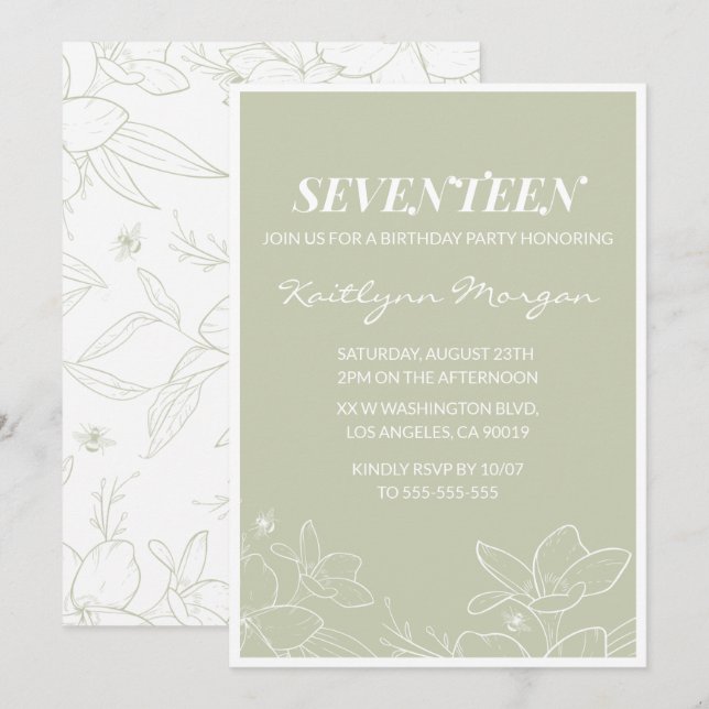 Elegant 17th birthday invitations Modern Floral  (Front/Back)
