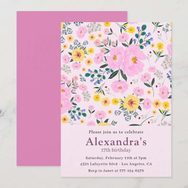 Elegant 17th birthday invitations Pink Floral Chic (Front/Back)