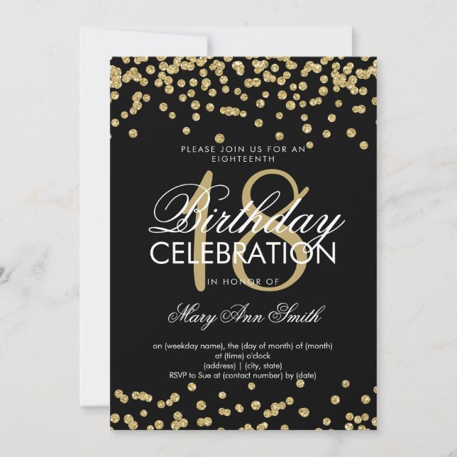Elegant 18th Birthday Gold Glitter Confetti Black Invitation (Front)