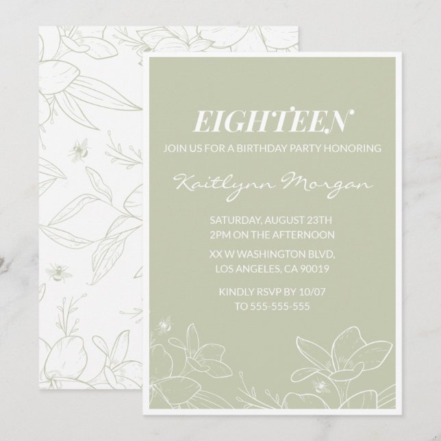 Elegant 18th birthday invitations Modern Floral  (Front/Back)