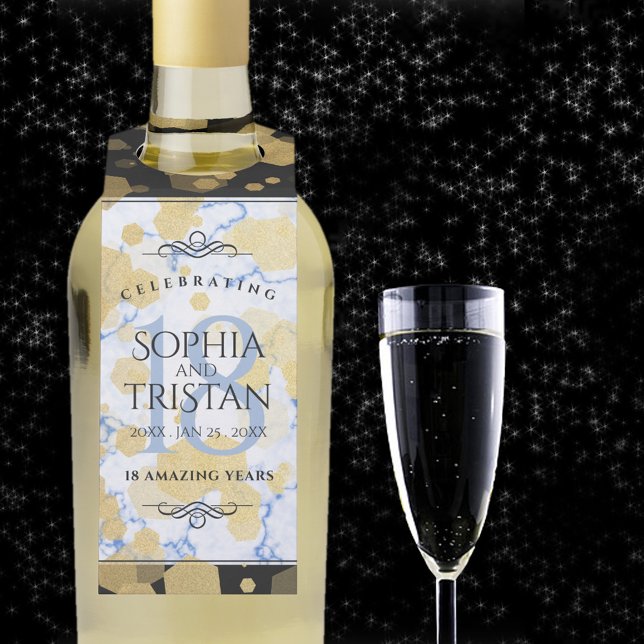 Elegant 18th Porcelain Wedding Anniversary Bottle Tag (18th wedding anniversary bottle hanger with champagne flute on a starry night sky.)