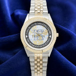 Elegant 18th Porcelain Wedding Anniversary Watch<br><div class="desc">Celebrate the 18th wedding anniversary with this commemorative watch! Elegant lettering with gold-dusted hexagonal confetti on a white and porcelain blue marbled background add a memorable touch for this special occasion and milestone. Customize with couple's names, dates of marriage, and congratulatory messages. Design © W.H. Sim. See more at zazzle.com/expressionsoccasions...</div>
