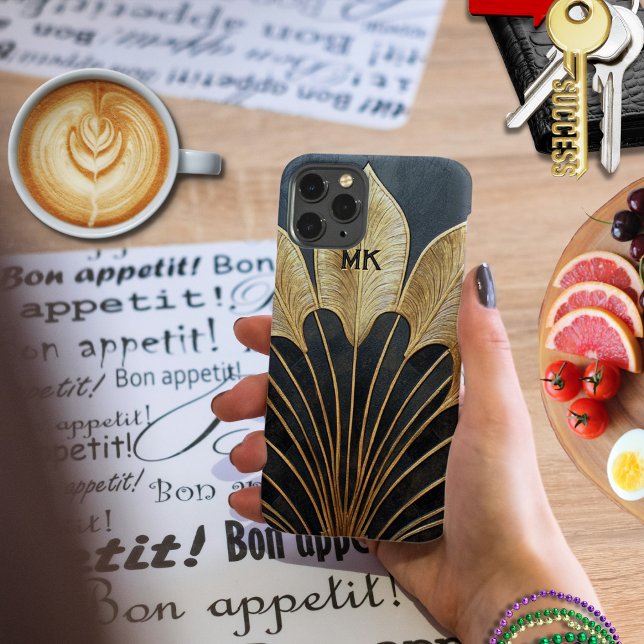 Elegant 1920's Art Deco Black and Gold Modern  Samsung Galaxy S22+ Case (Trendy Egyptian-inspired 1920's Art Deco case customizable with your personal or business initials)