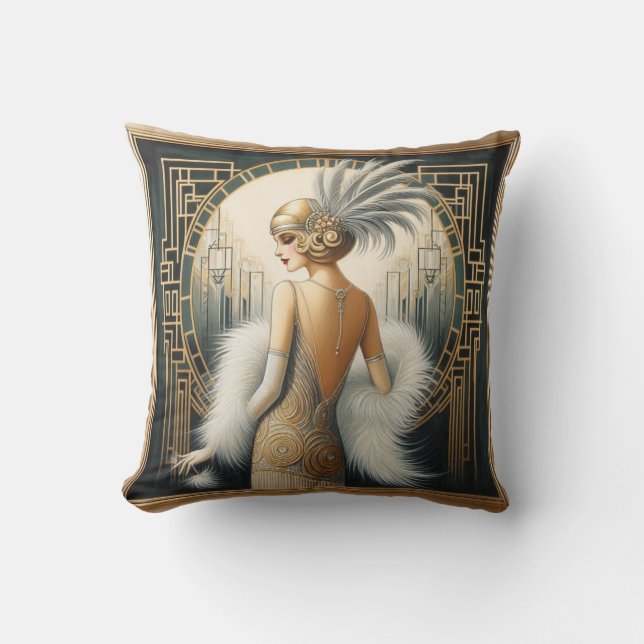 Elegant 1920s Flapper Lady from the Roaring 20s Cushion (Front)
