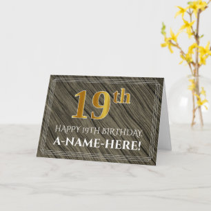 Elegant 19th Birthday: Faux Wood, Faux Gold Look Card