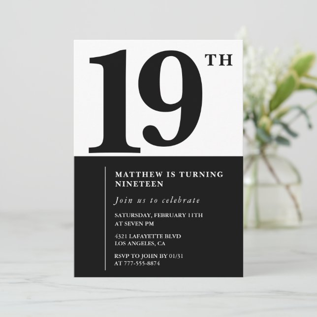Elegant 19th birthday invitation Black Chic Modern (Standing Front)