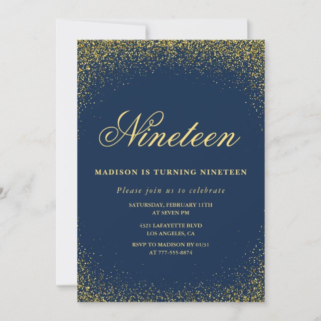 Elegant 19th birthday invitation Navy Gold Glitter (Front)