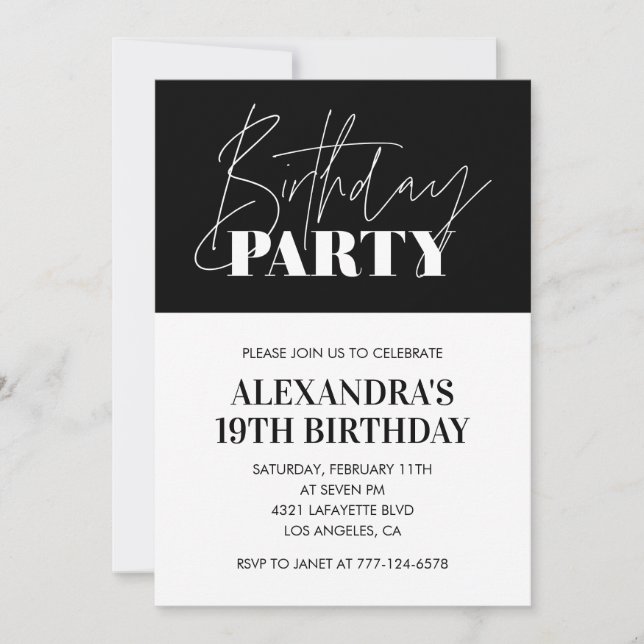 Elegant 19th birthday invitations Black White (Front)