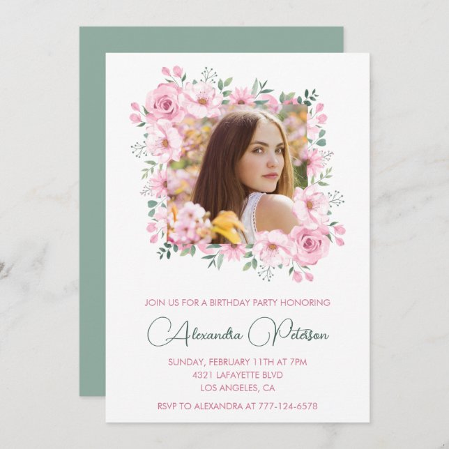 Elegant 19th birthday invitations Photo Boho (Front/Back)