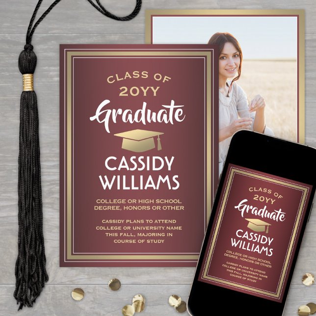 Elegant 1 Photo Burgundy Gold and White Graduation Announcement (Creator Uploaded)