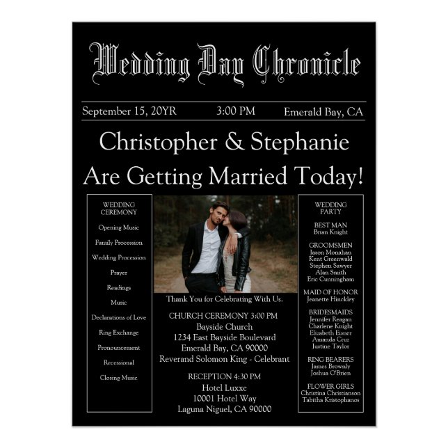 Elegant 1 Photo QR Code Newspaper Wedding Program Poster (Front)