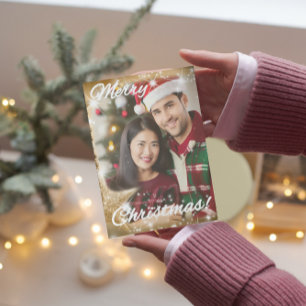 Elegant 1 photo Tree Gold Star Modern Christmas Holiday Card