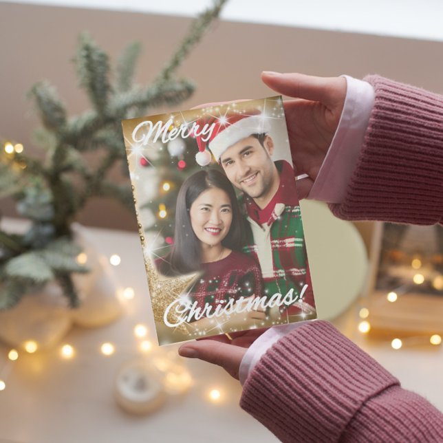 Elegant 1 photo Tree Gold Star Modern Christmas Holiday Card (Creator Uploaded)