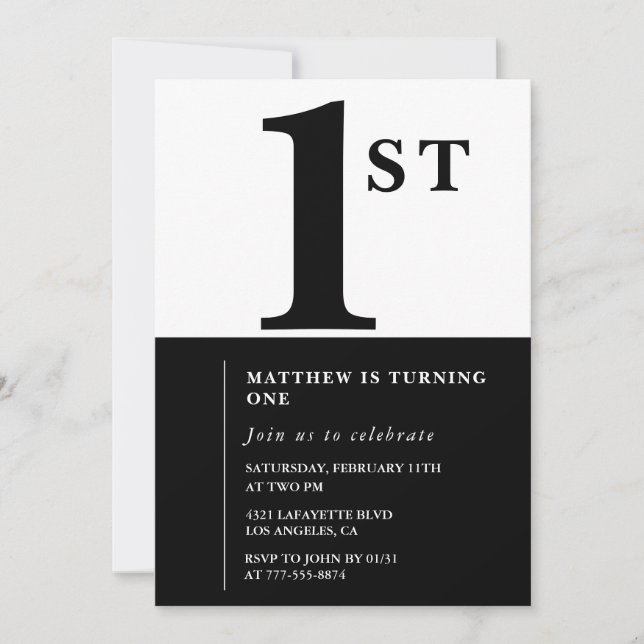 Elegant 1st birthday invitation Black Chic Modern (Front)