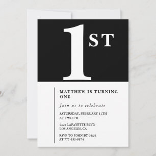 Elegant 1st birthday invitation Black White Chic